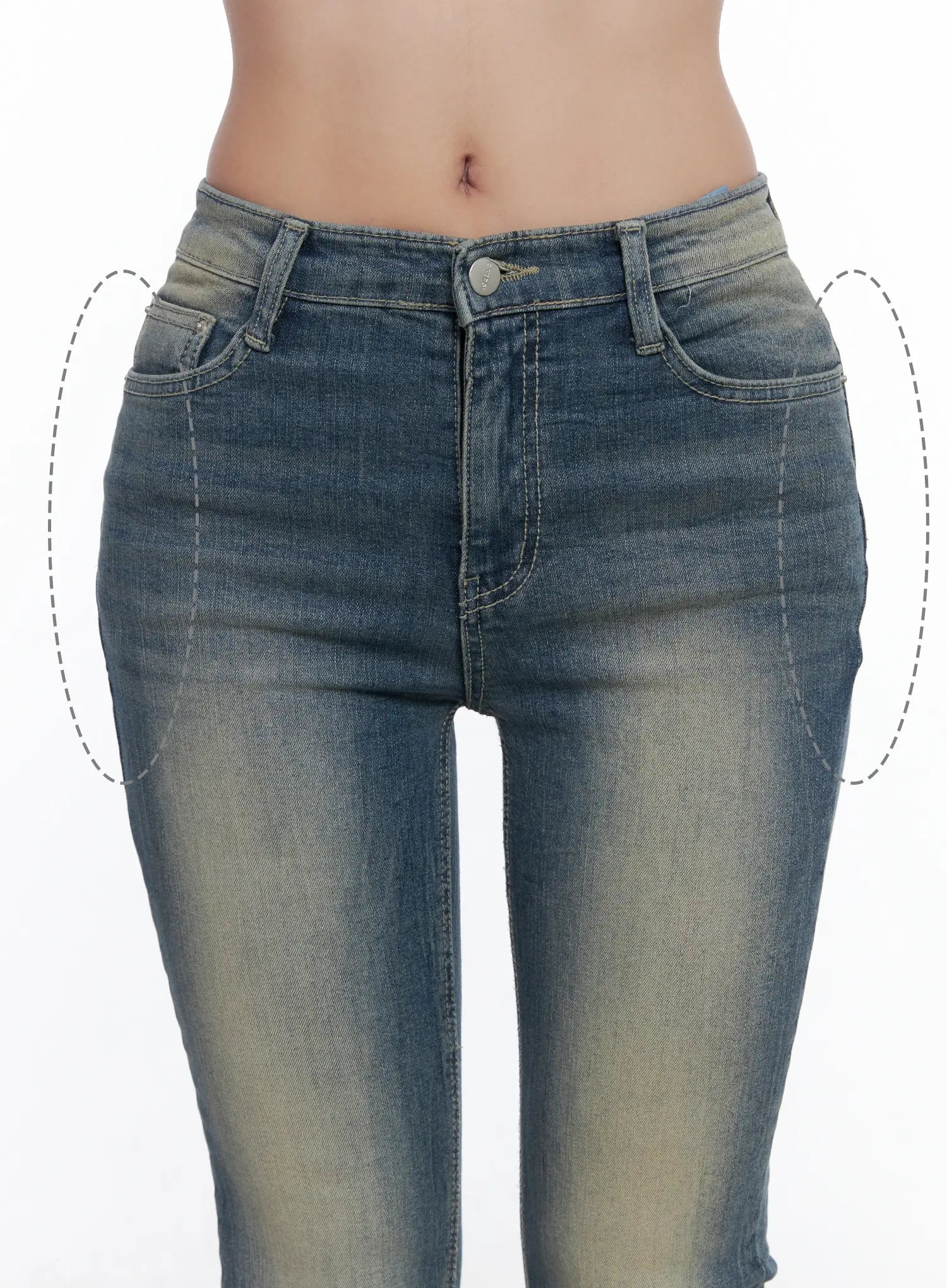 Sloan Vintage Hip Pad Flare Jeans CS502 in dark blue, close-up front detail shot highlighting hip pad silhouette with dashed circle annotations, button fly and front pockets visible.