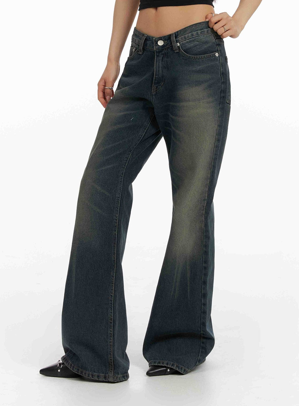 Low-Waist Washed Bell Bottom Jeans