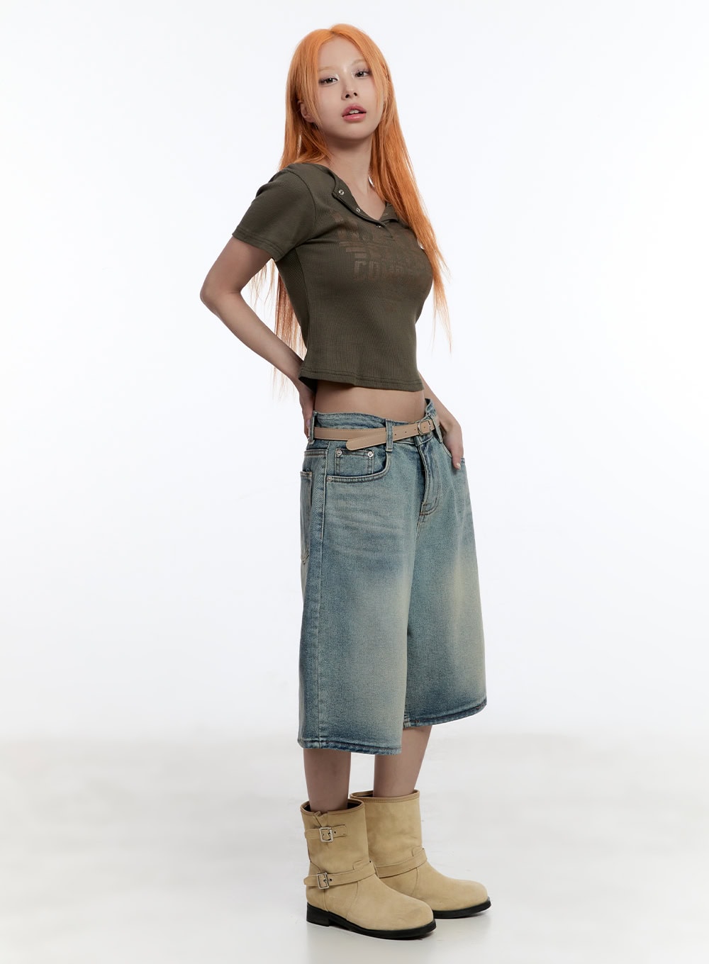 Washed Midi Baggy Jorts CY530 in blue, side view on model, wide-leg midi length with tan belt, paired with olive crop top and beige boots.