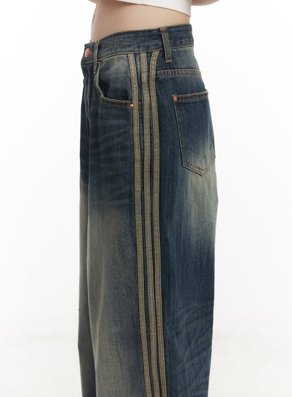Daisee Striped Wide-Leg Jeans CF518 in dark blue, upper-body side close-up, highlighting triple gold side stripe and back pocket detail on washed denim with vintage fading.