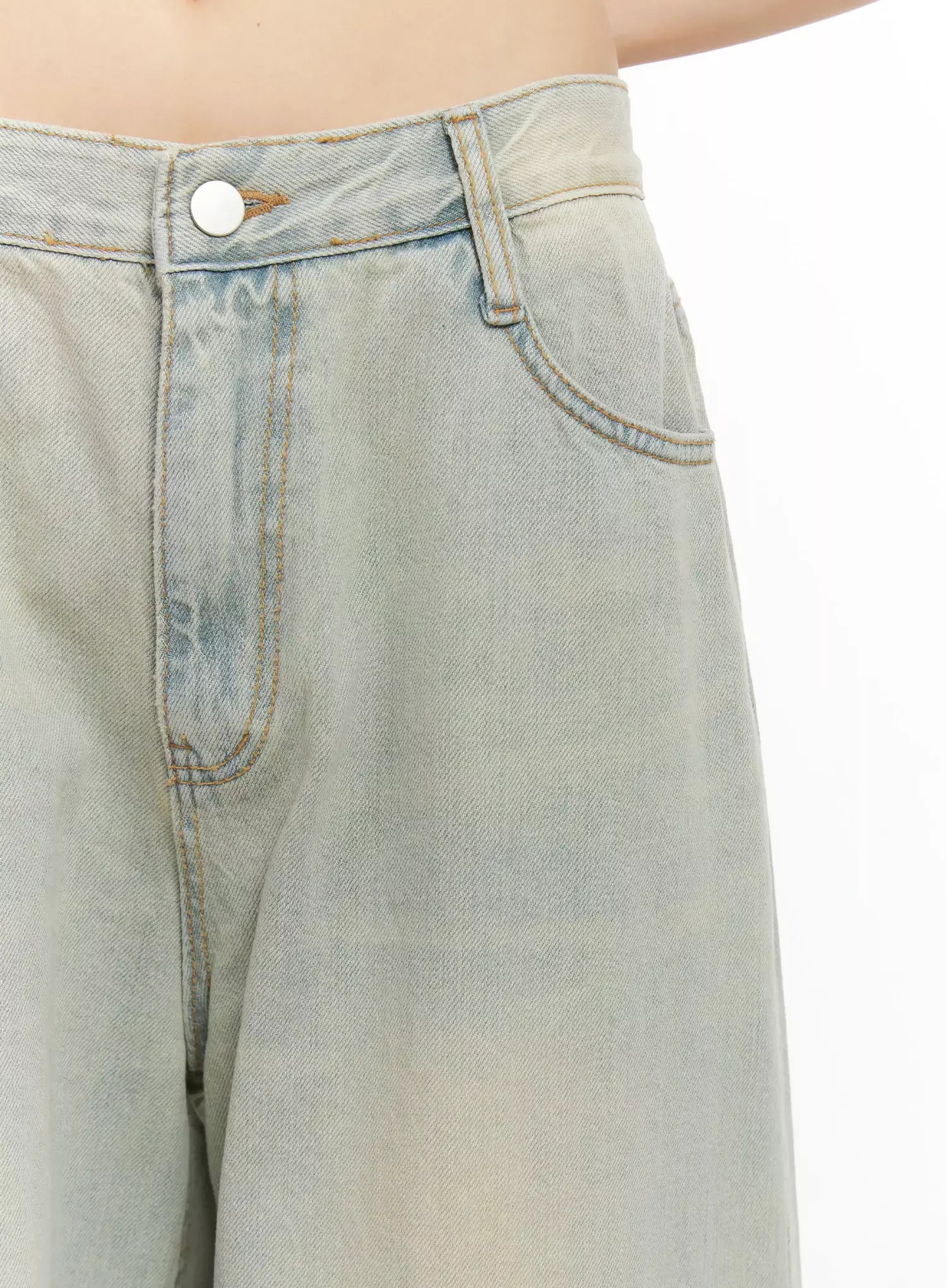 Xiaoting Vintage Style Wide-Leg Denim IL531 in light blue, close-up detail of waistband and front pocket, showing silver button, contrast stitching, and sun-faded wash texture.