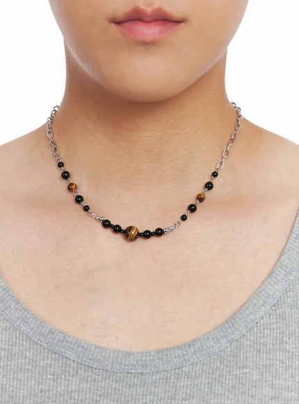 mens-black-brown-beaded-necklace-ig529 / Silver