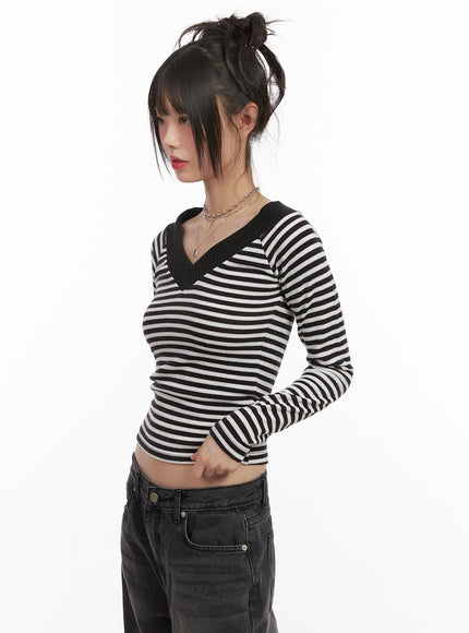 striped-v-neck-cropped-sweater-cj506