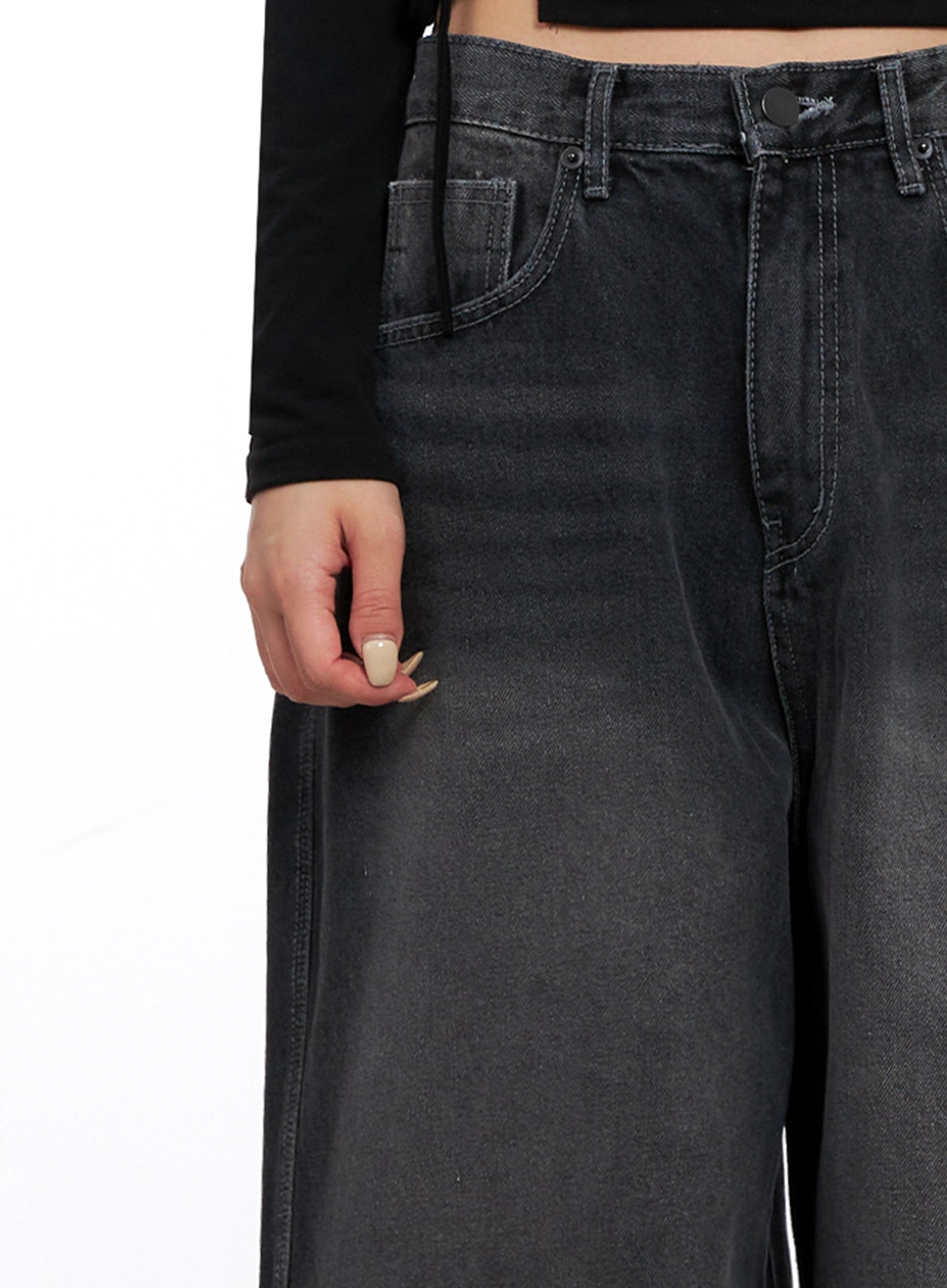 Casual Wide-Leg Baggy Jeans IS515 in Gray, waist close-up on model, showing front pocket detail, button fly, and washed cotton texture with faded finish.