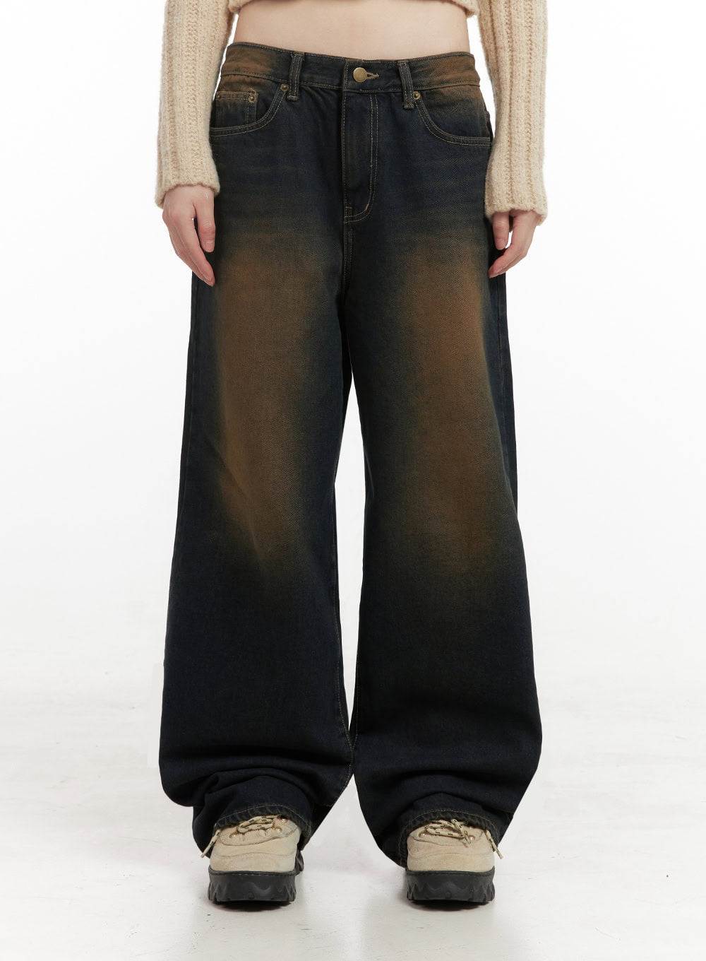 Alexia Washed Denim Wide-Leg Jeans ID402 in dark blue, front mid-shot on model, brown sun-faded washed denim, low-rise waistband with brass button, ultra-wide leg pooling at hem.