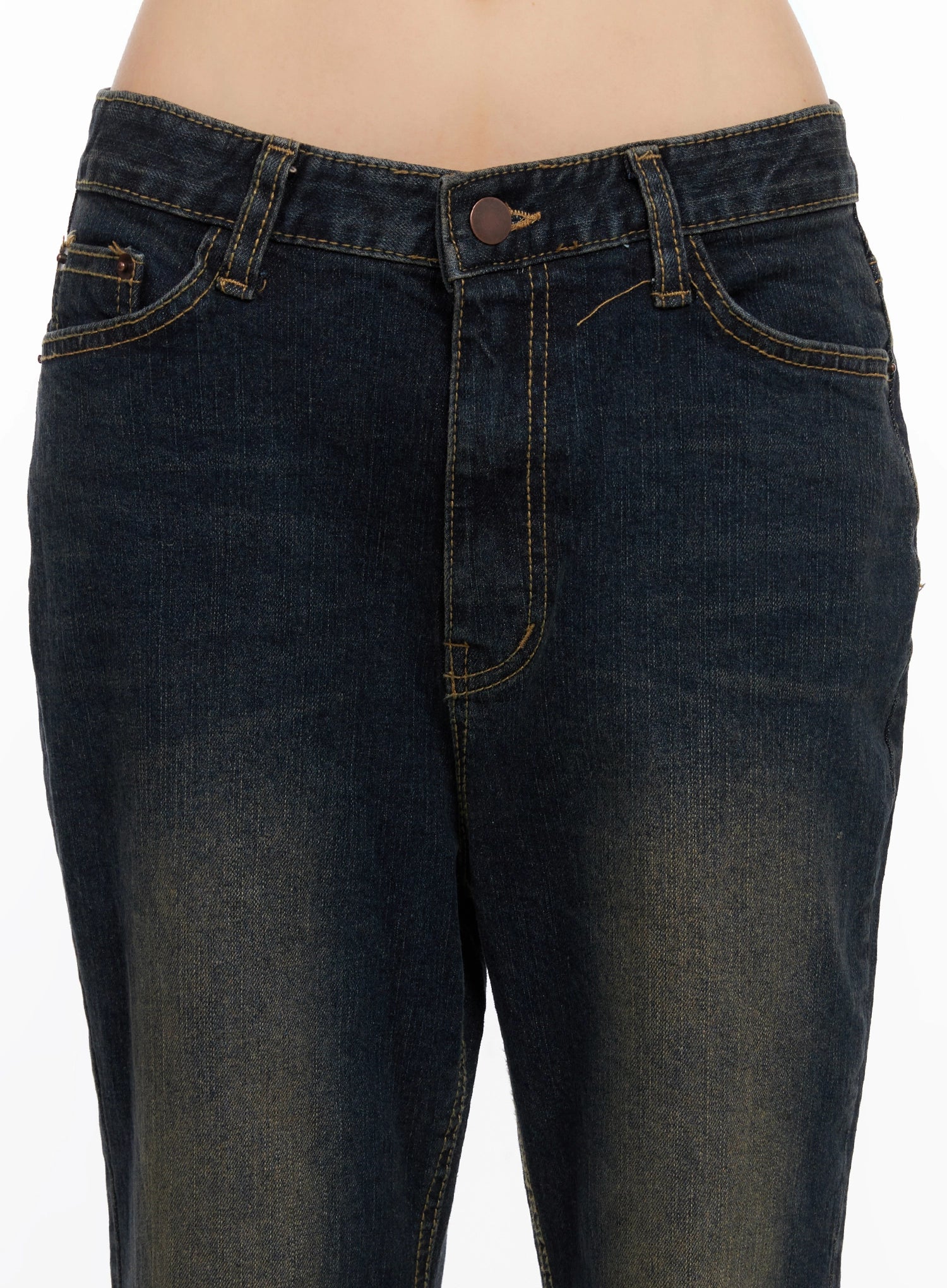 Lyanna Vintage Wash Bootcut Jeans IN503 in dark blue, close-up of waistband and front pockets, showing bronze button, contrast topstitching, and vintage wash fading detail.