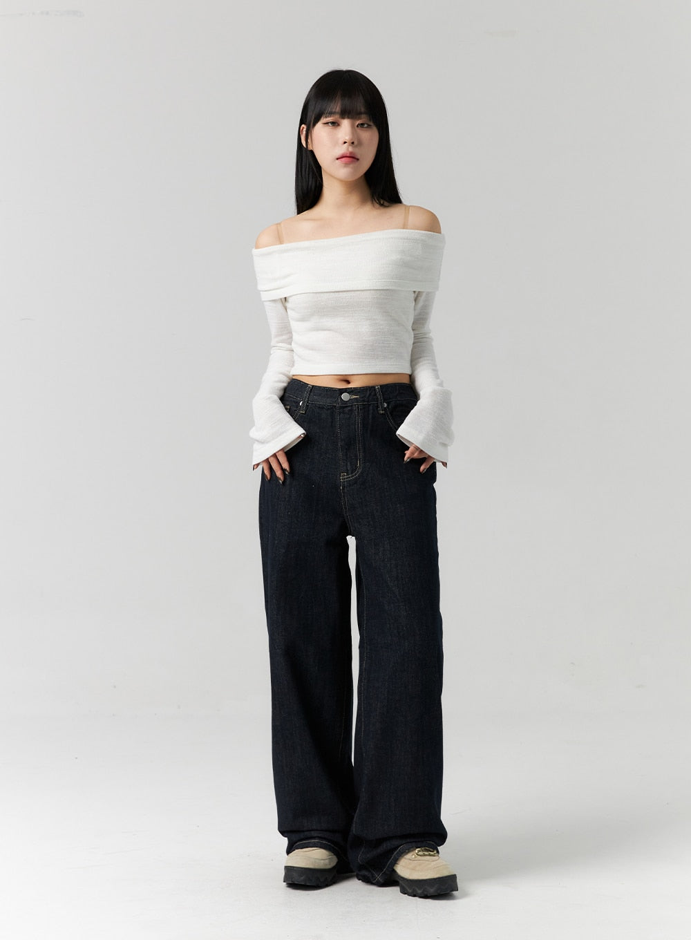 Indigo Wide Fit Jeans CS312 - Korean Women's Fashion | LEWKIN