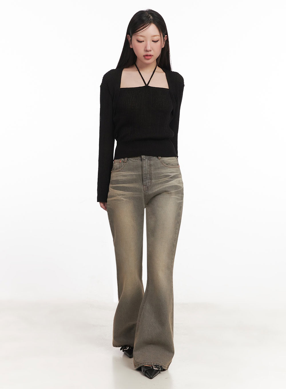 Sherry Washed Slim-Fit Bootcut Jeans IM528 in vintage brown, full-length front shot on model looking down, slim high-rise waist with gradual bootcut flare hem, styled with black halter knit top.