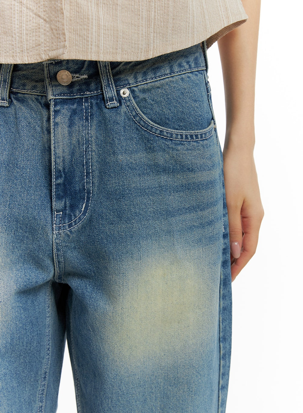 Recycled Washed Jeans (Unisex) CM425 in blue, close-up front waist detail on model, showing coin pocket, silver button, belt loops, and washed denim texture.