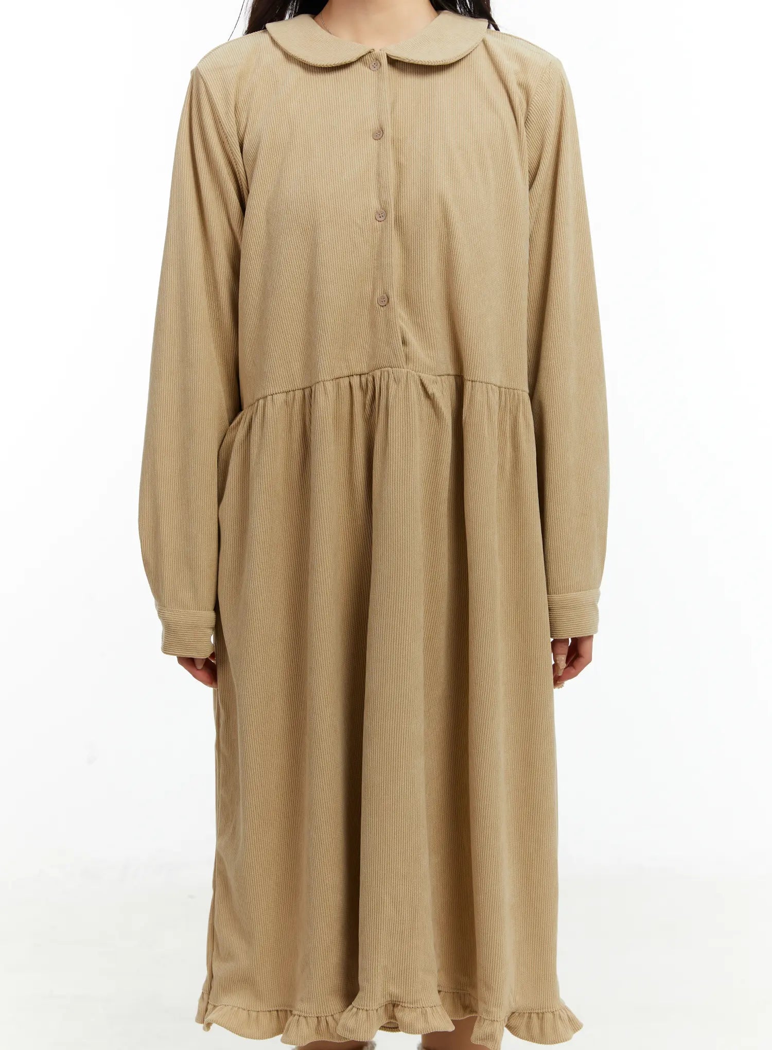 Collared Corduroy Long Sleeve Maxi Dress Cd523 - Light Beige S/M Collared Corduroy Long Sleeve Maxi Dress Cd523 - Light Beige S/M