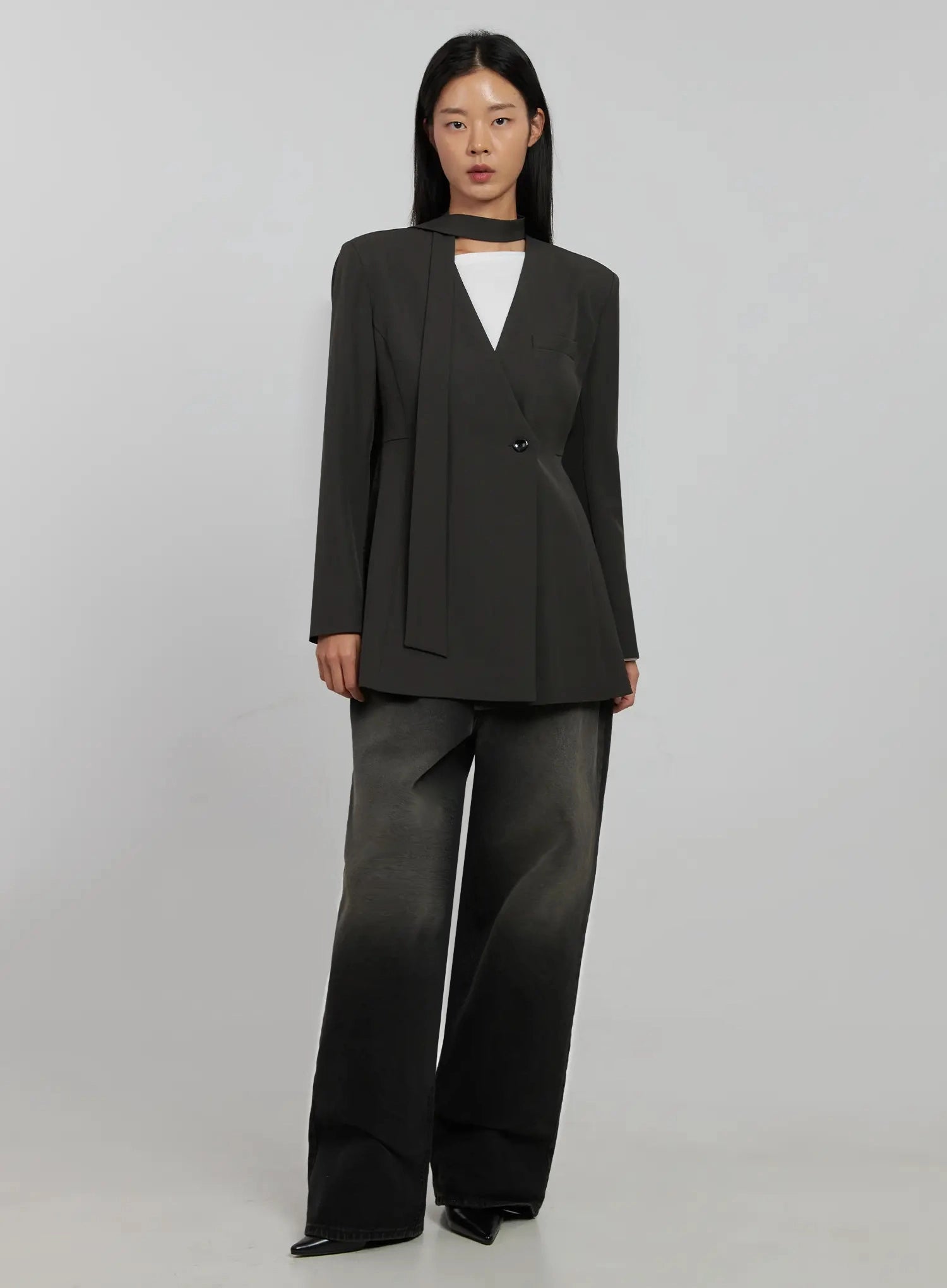 Blaire Dark Washed Wide Leg Jeans IJ509 in black, full-length front editorial shot on model, dark faded wide leg cotton denim paired with structured charcoal wrap blazer and white inner top.