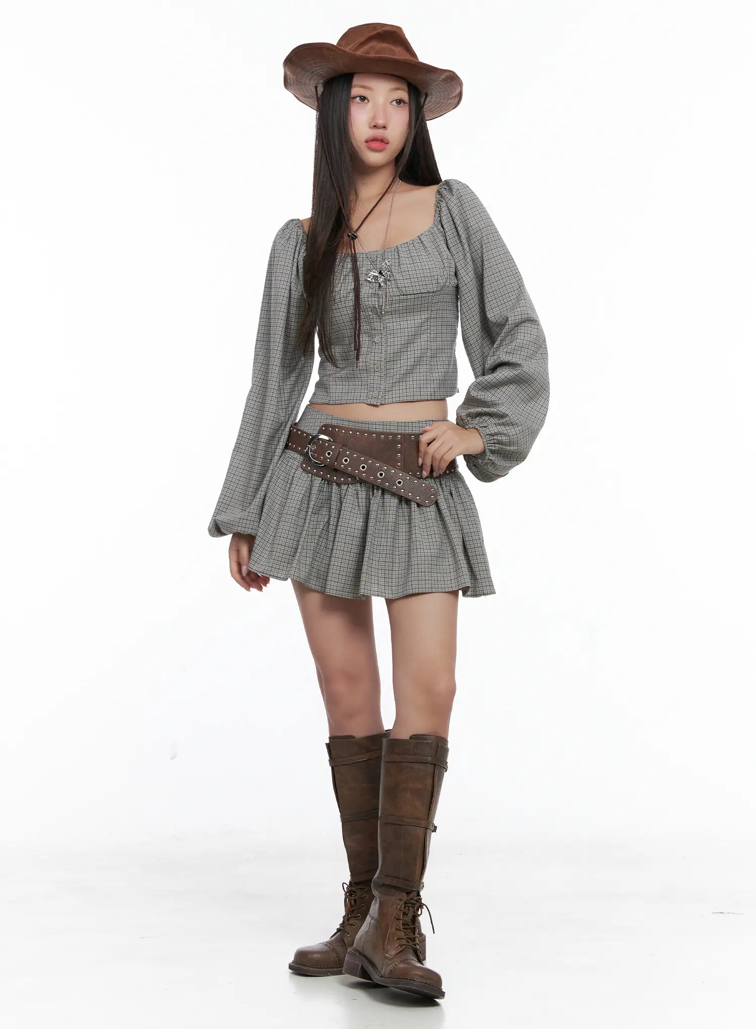 gingham-button-up-puff-sleeve-blouse-cs503