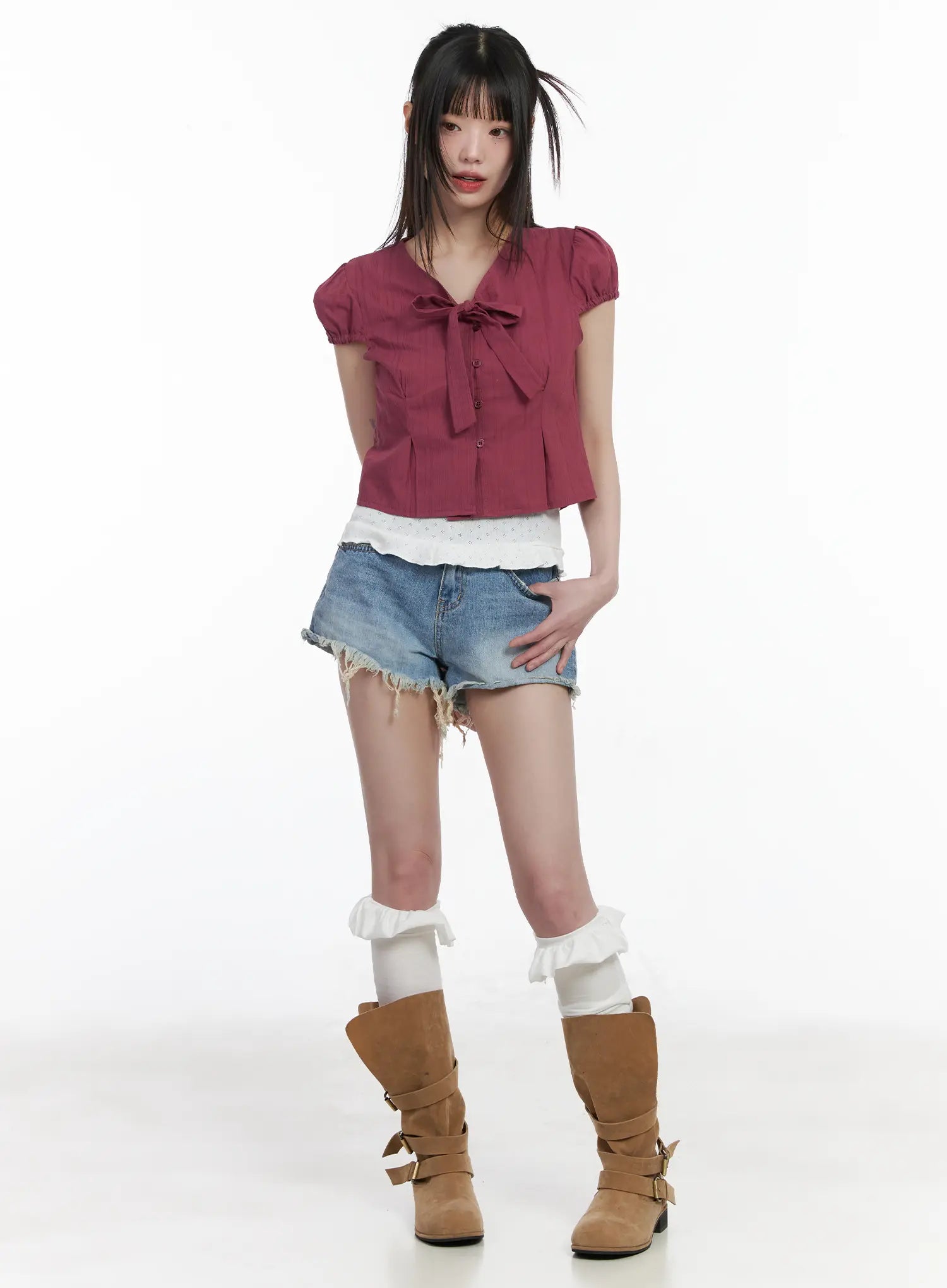 chic-puff-sleeve-ribbon-tie-blouse-cm525