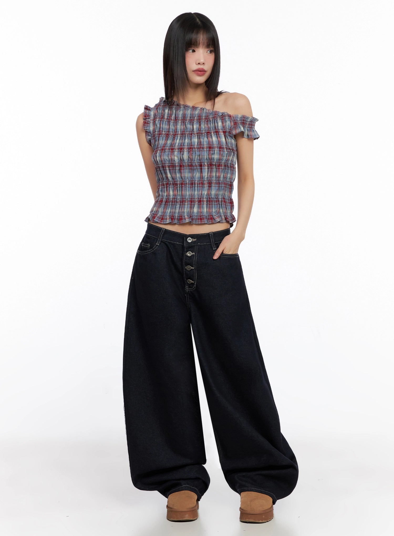 Jazlyn Non-Fade Button Wide Leg Jeans IN503 in dark blue, front full-length on model, ultra-wide leg cotton denim with button fly and contrast stitching, styled with smocked plaid crop top and brown clogs.
