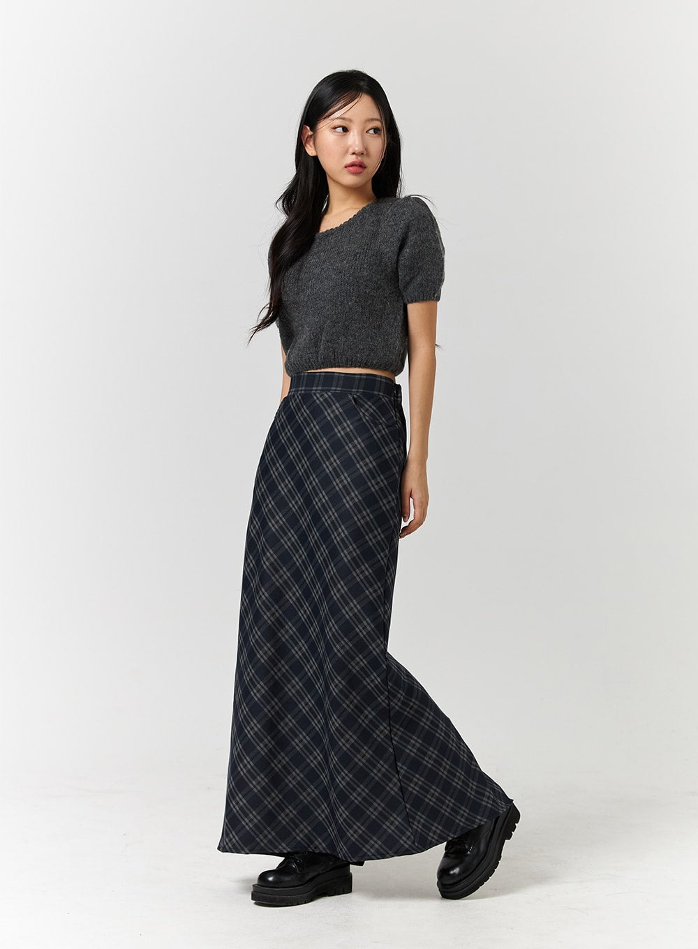 Mid Waist Check Pocket Zip Maxi Skirt CD328