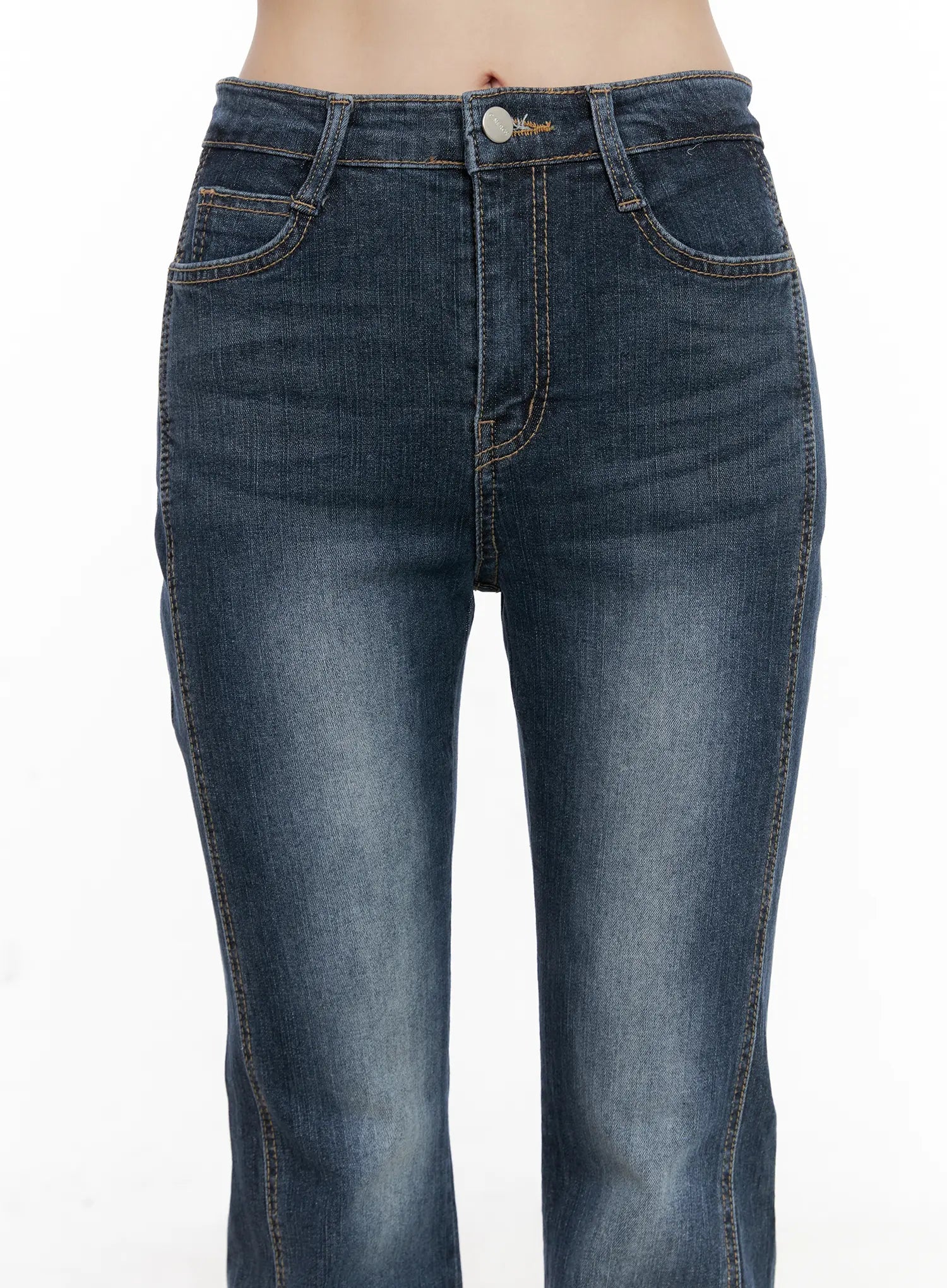 Giana High Waist Hip Pad Flare Jeans CG519 in blue, close-up front detail on model, showing high waist, button fly, front pockets, and washed cotton-spandex fabric.