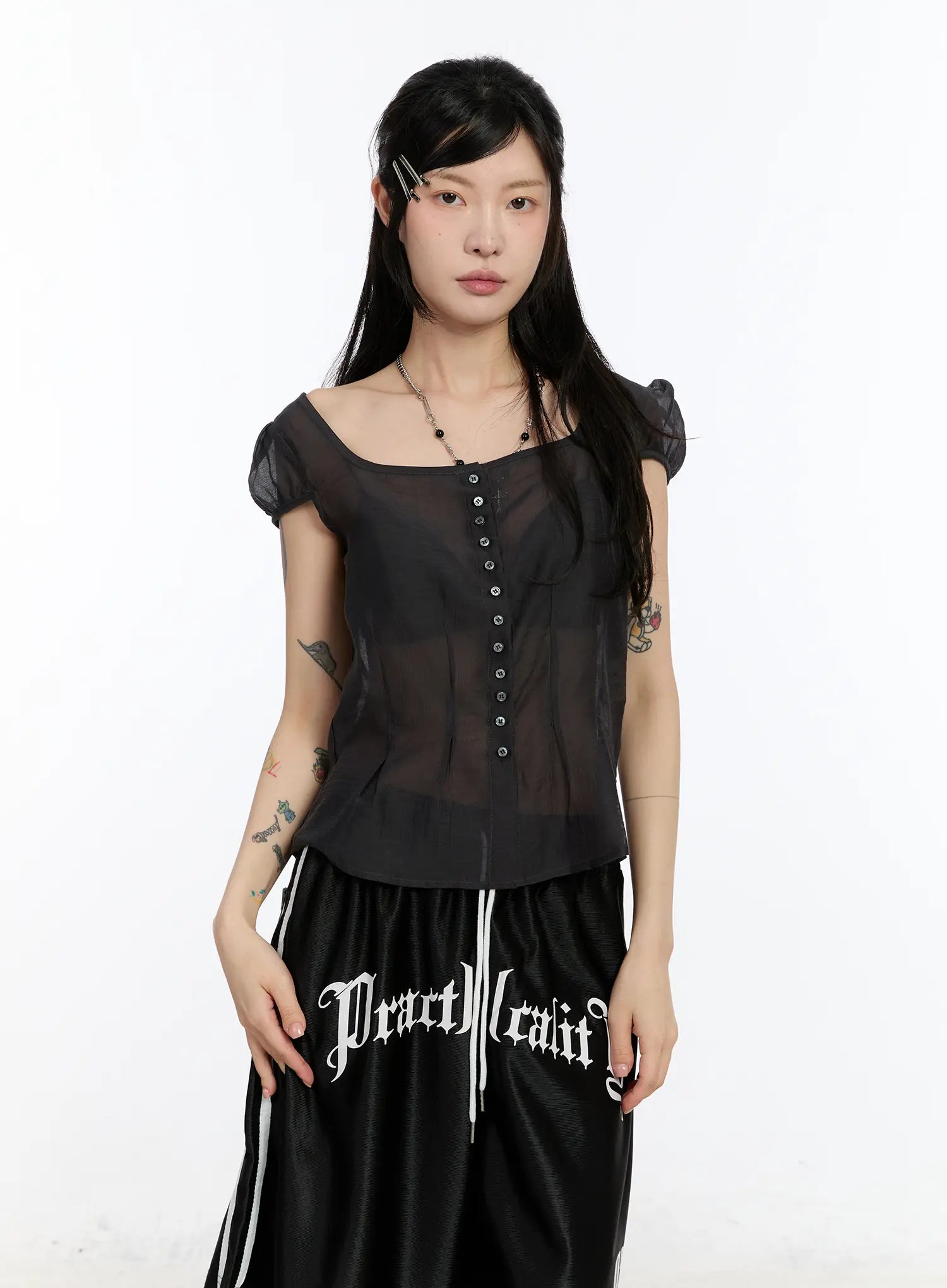 see-through-button-down-blouse-ca508 / Dark gray