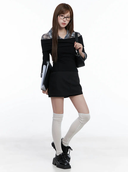 plaid-collar-layered-long-sleeve-top-cg529