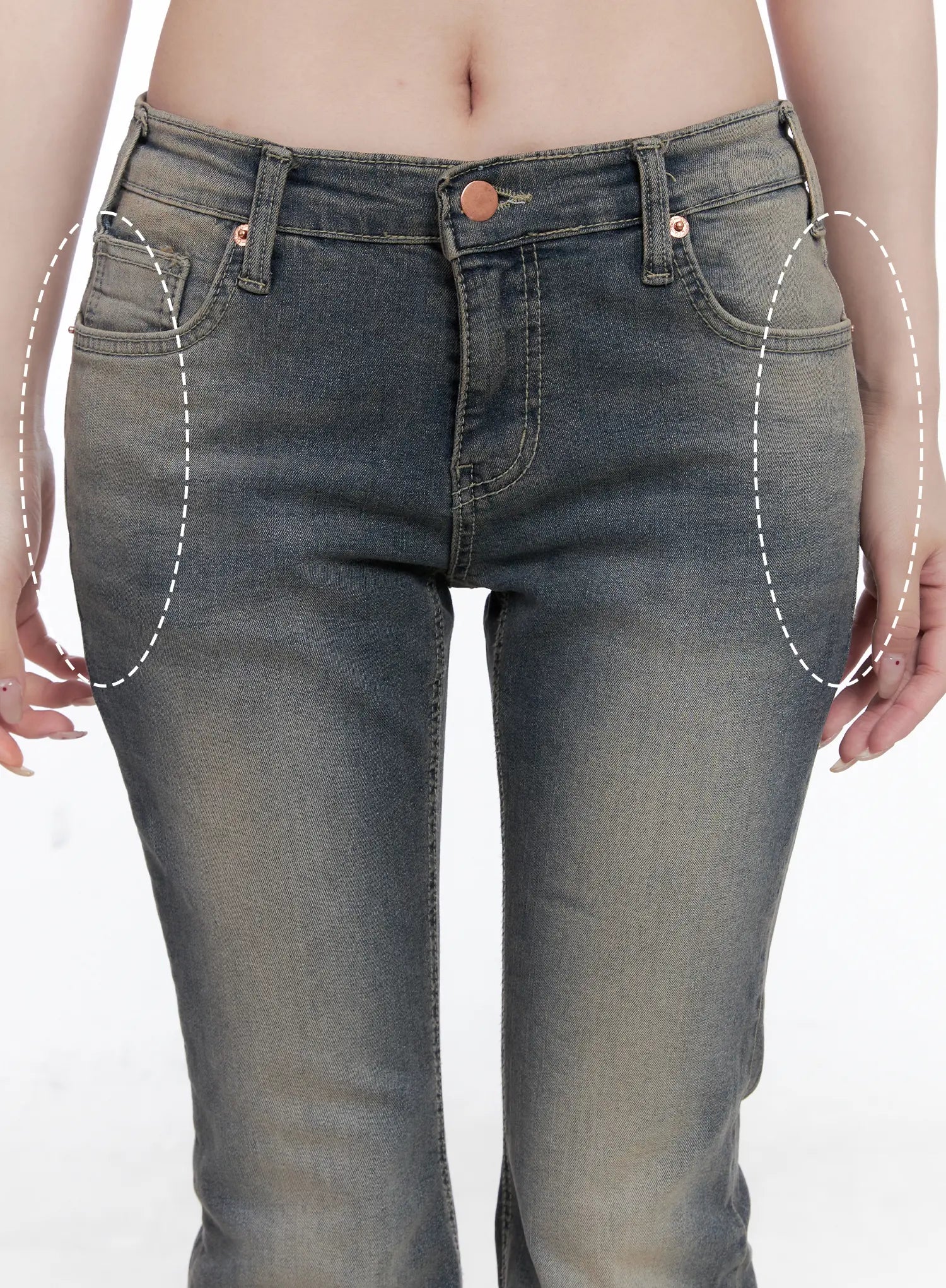 Sumin Low-Rise Flare Hip Pad Jeans CG529 in gray, close-up of hip pad detail with dashed outline annotations showing hip-enhancing padding at sides, low-rise waistband.
