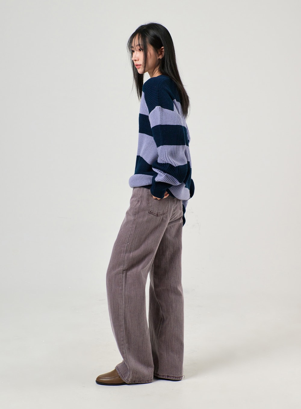 grey knit sweater striped shirt corduroy pants