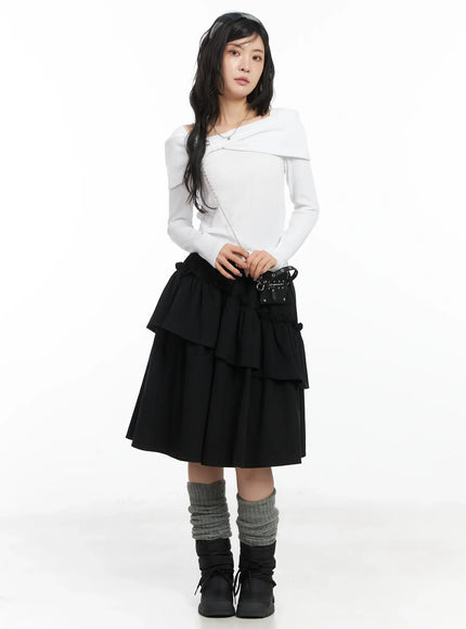 layered-ruffle-flare-midi-skirt-cd502