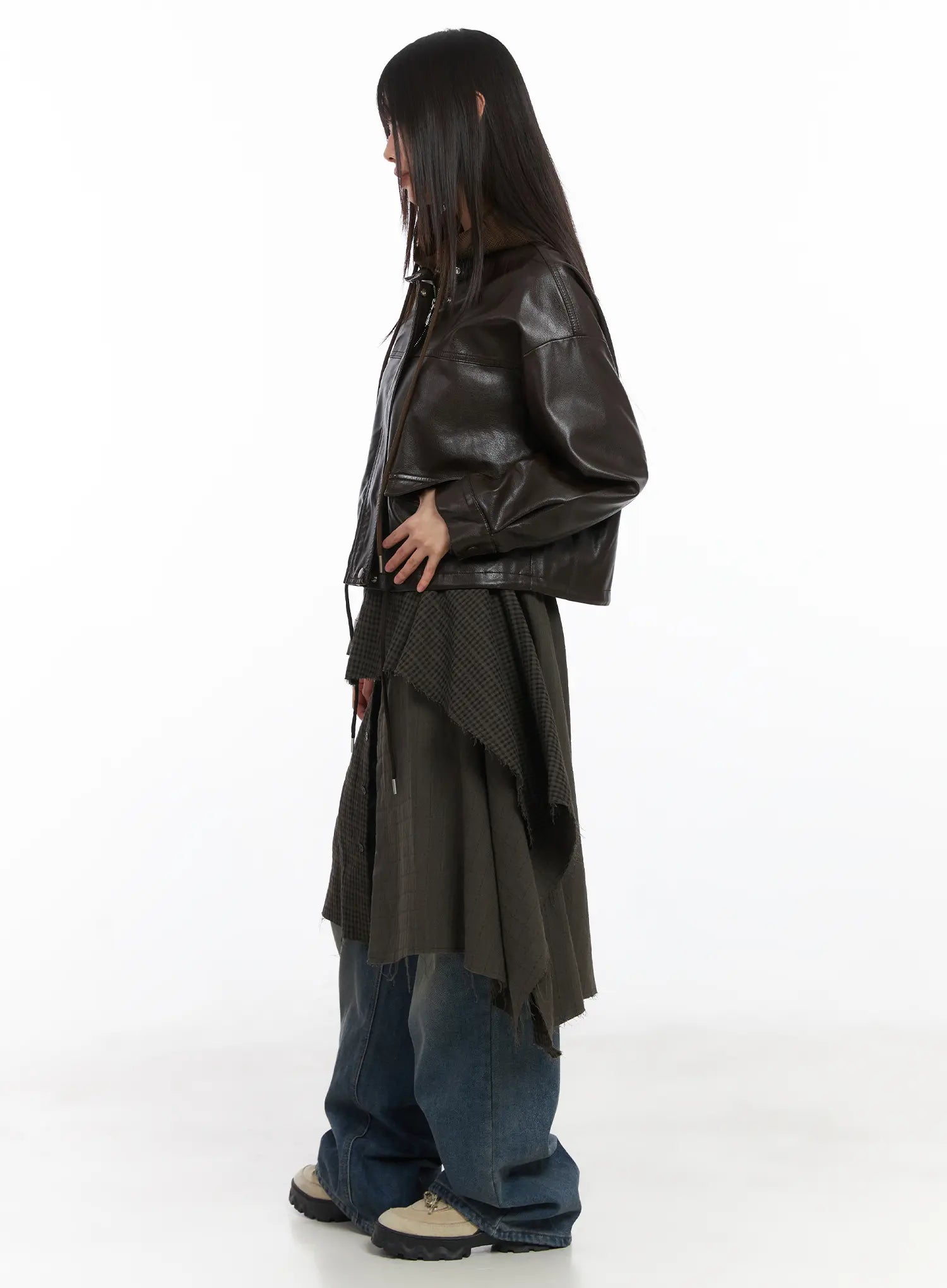 Miriam Wide Leg Jeans CD519 in blue, side profile on model, full-length washed wide-leg silhouette visible beneath draped asymmetric midi layers and leather jacket.