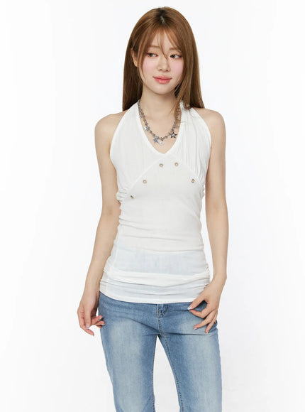 eyelet-v-neck-halter-top-iu515 / White