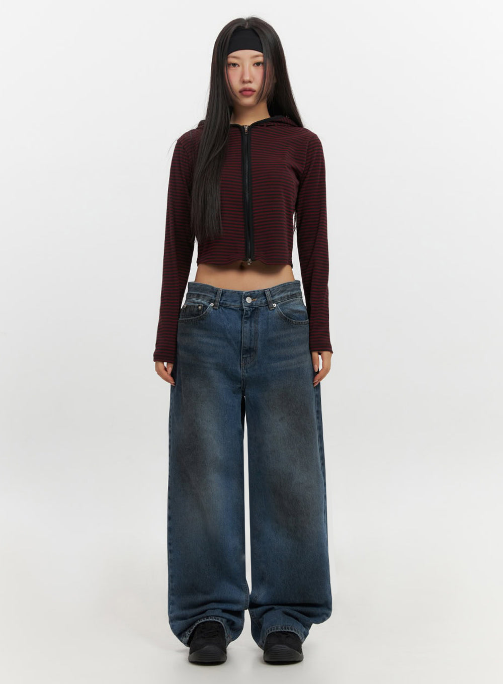 Brianna Dark Washed Wide-Leg Jeans IF510 in dark washed blue, full-body front standing pose, oversized wide-leg silhouette with pooling hem, paired with red striped crop hoodie.