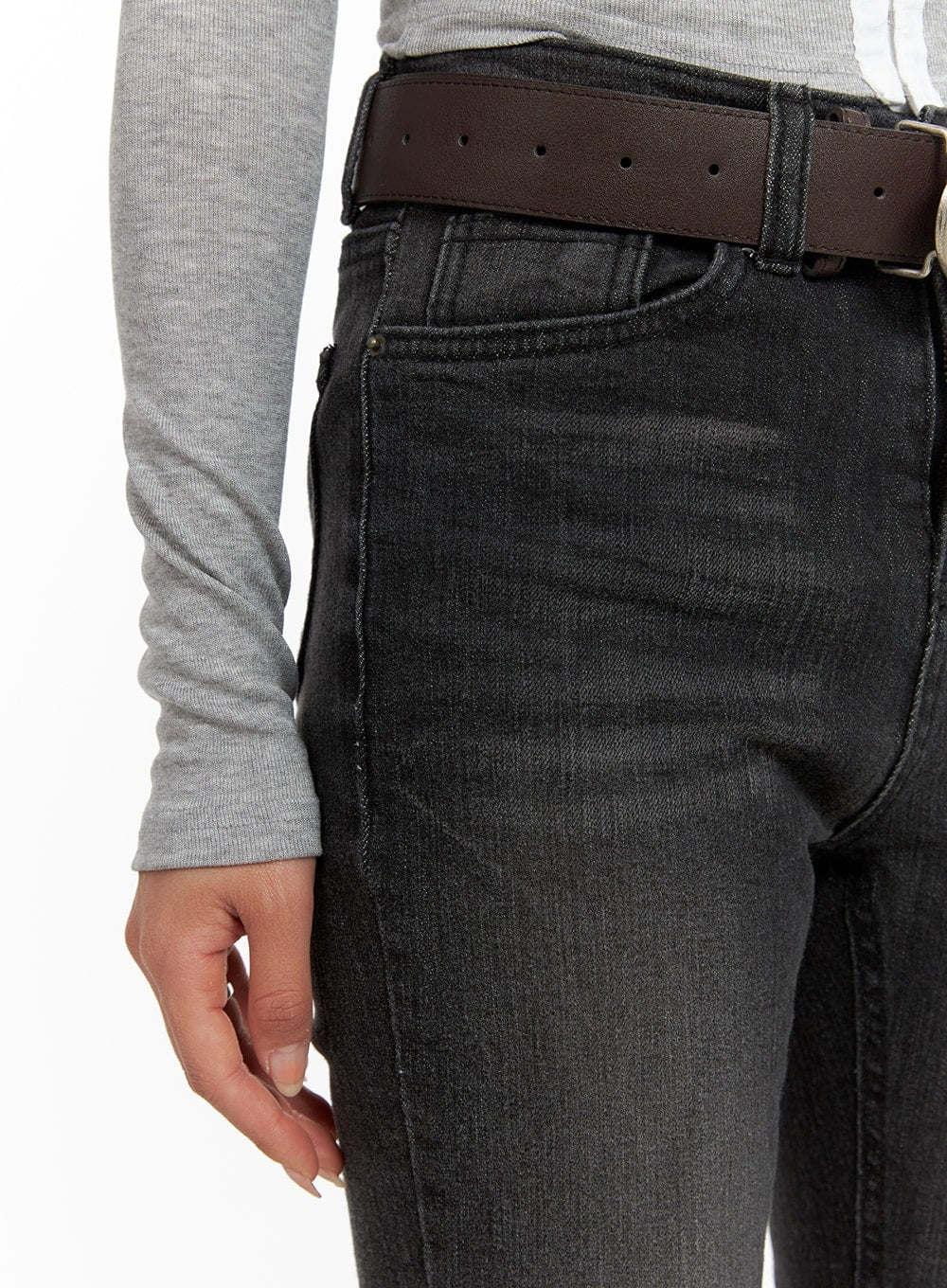 Slim Washed Denim Bootcut Jeans CA403 in black, waist close-up on model, washed cotton-spandex denim with front pocket stitching and brown leather belt detail.