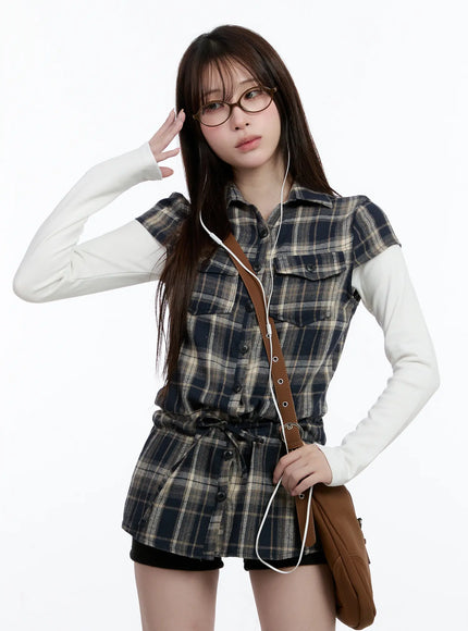 plaid-short-sleeve-mini-dress-cn525