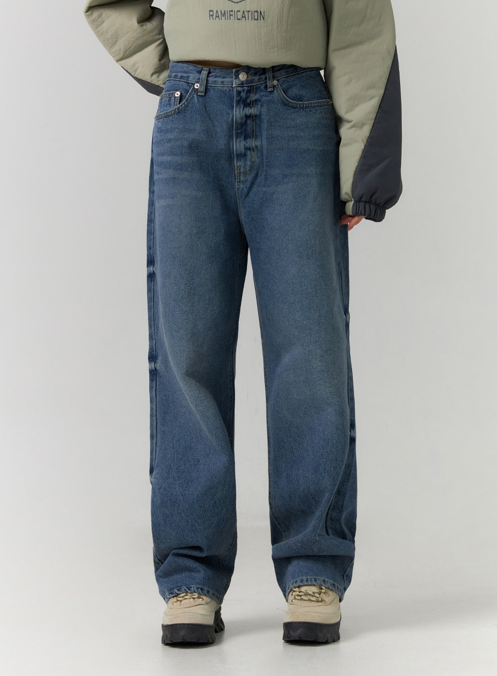 Washed Denim Wide Leg Jeans CD308 in blue, front waist-to-hem close-up on model, five-pocket construction, button closure, washed cotton denim with subtle fading.