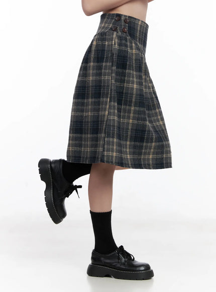 plaid-button-detail-flare-midi-skirt-cj520