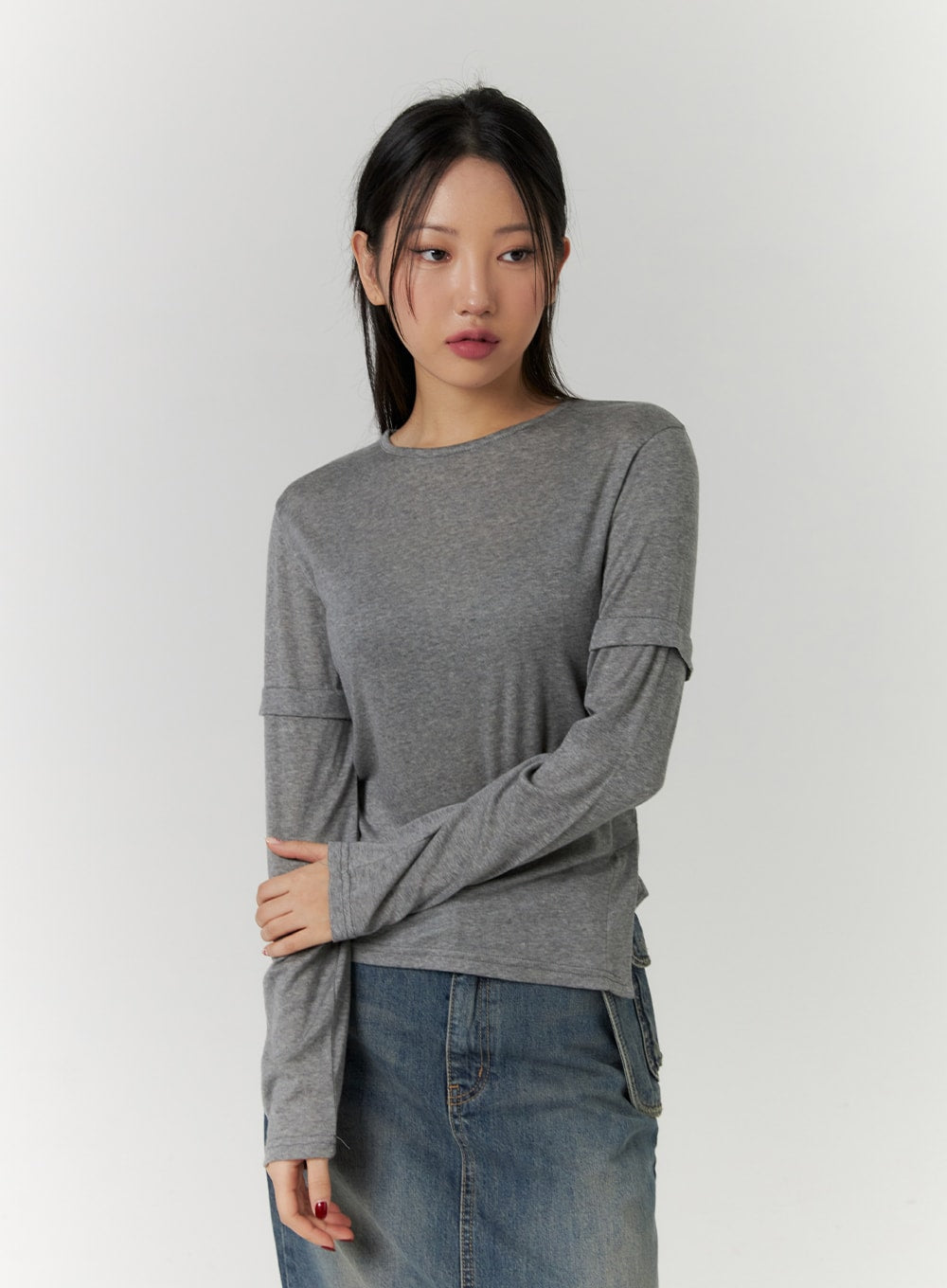 Solid Washed Effect Layered Sleeve T-Shirt CD315