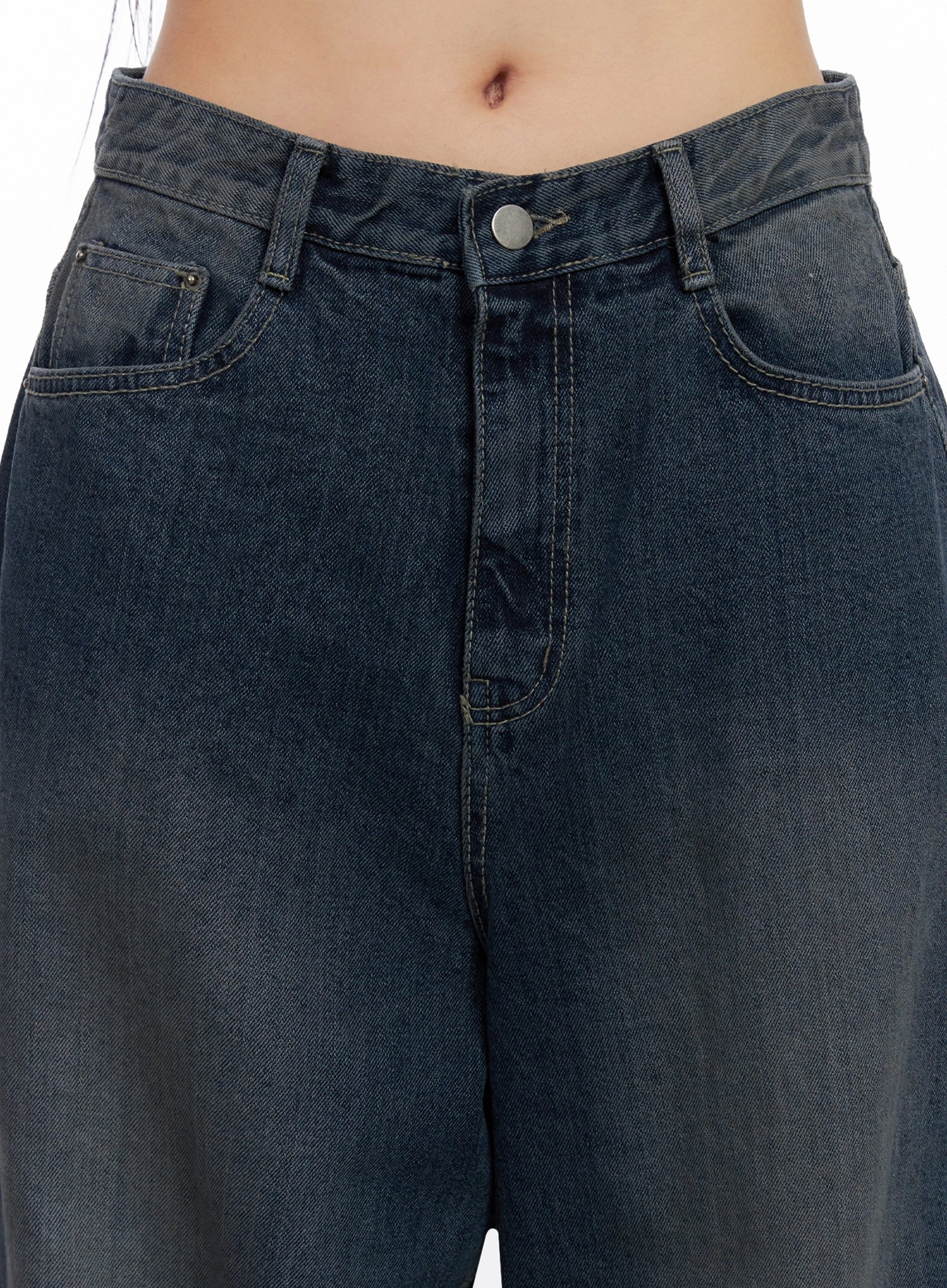 Adelyn Washed Baggy Jeans IS525 in dark blue, close-up detail of waistband and front pockets, showing washed denim texture, button closure, and contrast stitching.