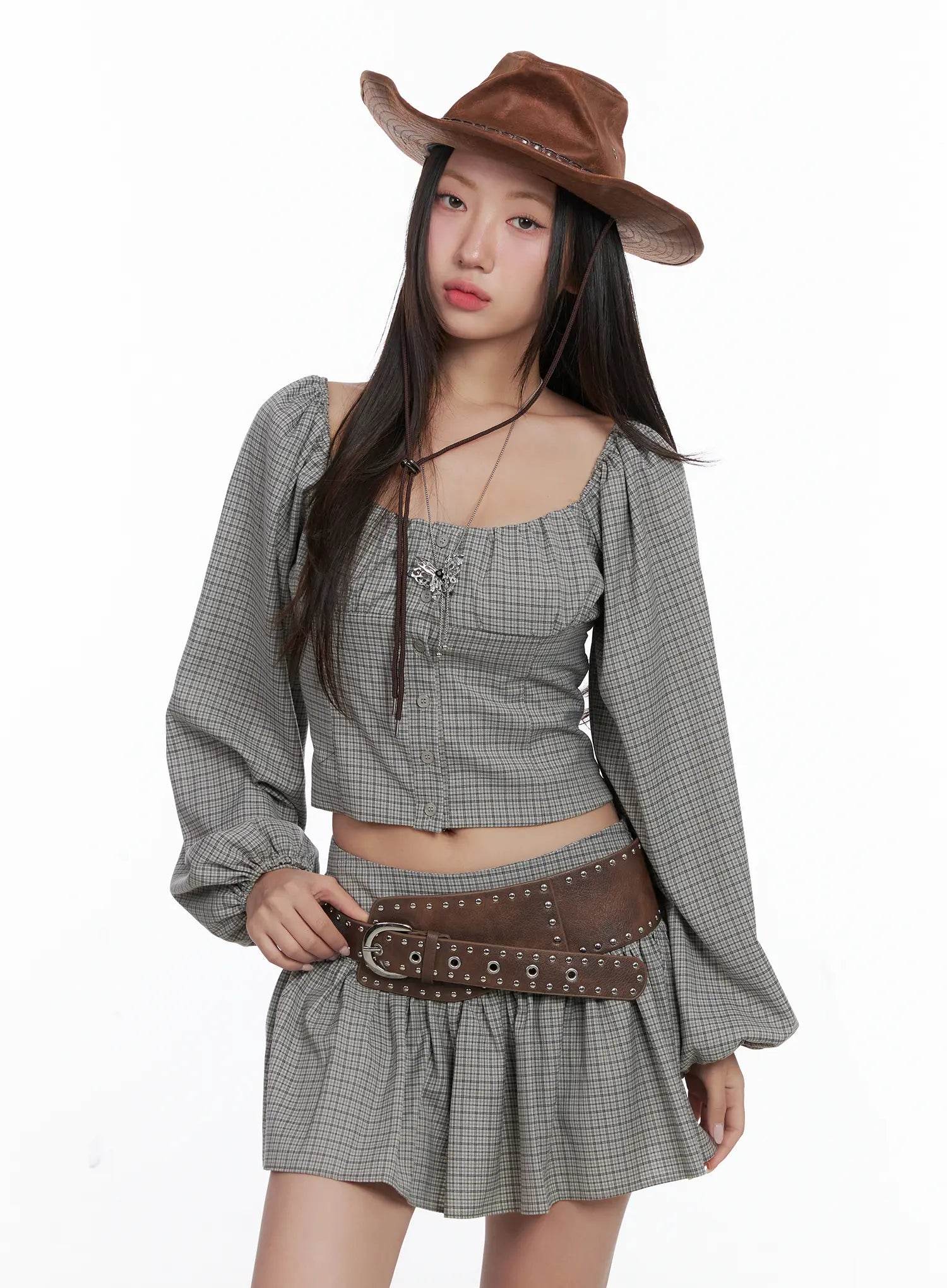 gingham-button-up-puff-sleeve-blouse-cs503