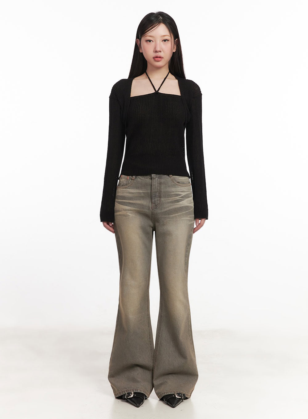 Sherry Washed Slim-Fit Bootcut Jeans IM528 in vintage brown, straight-on full-body front view on model, slim fit through thigh flaring at ankle, orange contrast stitching, with black halter knit.