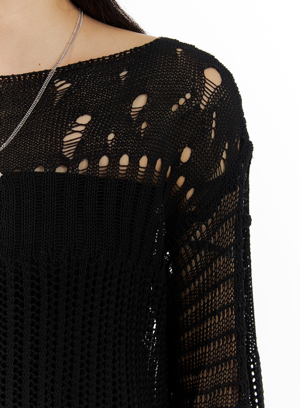 Dark Grunge Damaged Mesh Knit Top CF428 - Korean Women's Fashion 