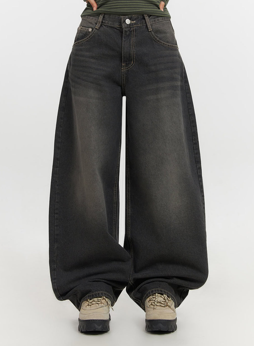 Skyla Washed Wide-Leg Baggy Jeans IF511 in washed black, front close-up from waist to hem on model, showing wide balloon leg, faded wash, five-pocket design, and contrast stitching.