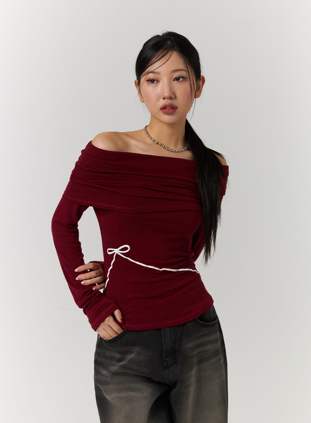 Off-Shoulder Solid Ruched Long Sleeve Top with Ribbon Detail CD329