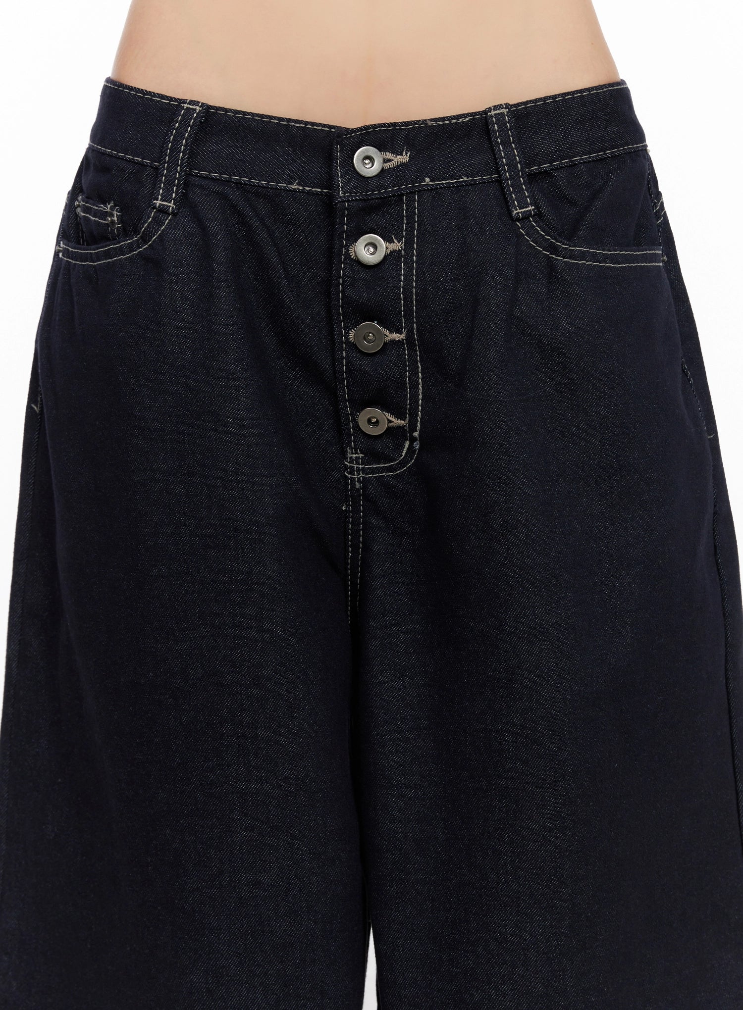 Jazlyn Non-Fade Button Wide Leg Jeans IN503 in dark blue, close-up detail of button fly, white contrast topstitching, coin pocket, and low-rise waistband on model.