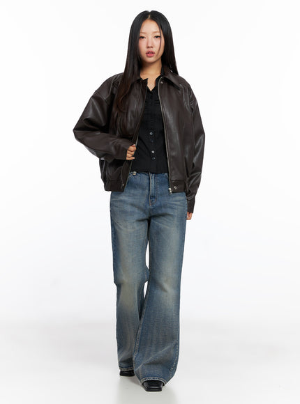 Faux Leather Bomber Jacket CD321 - Korean Women's Fashion | LEWKIN Faux Leather Bomber Jacket CD321 - Korean Women's Fashion | LEWKIN