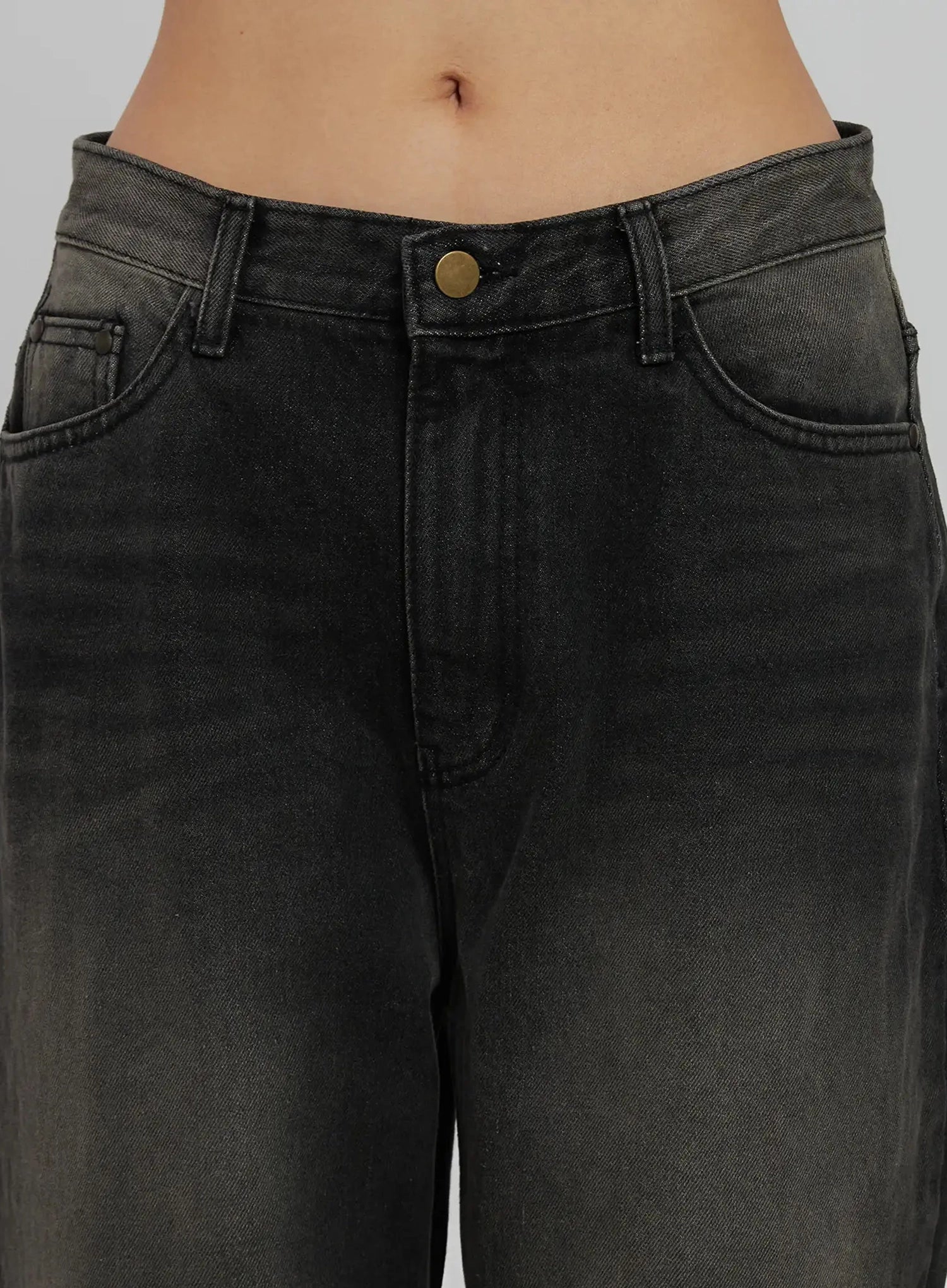 Blaire Dark Washed Wide Leg Jeans IJ509 in black, close-up detail on waist and front pockets, brass button closure, faded wash denim texture, and angled front pocket stitching visible.