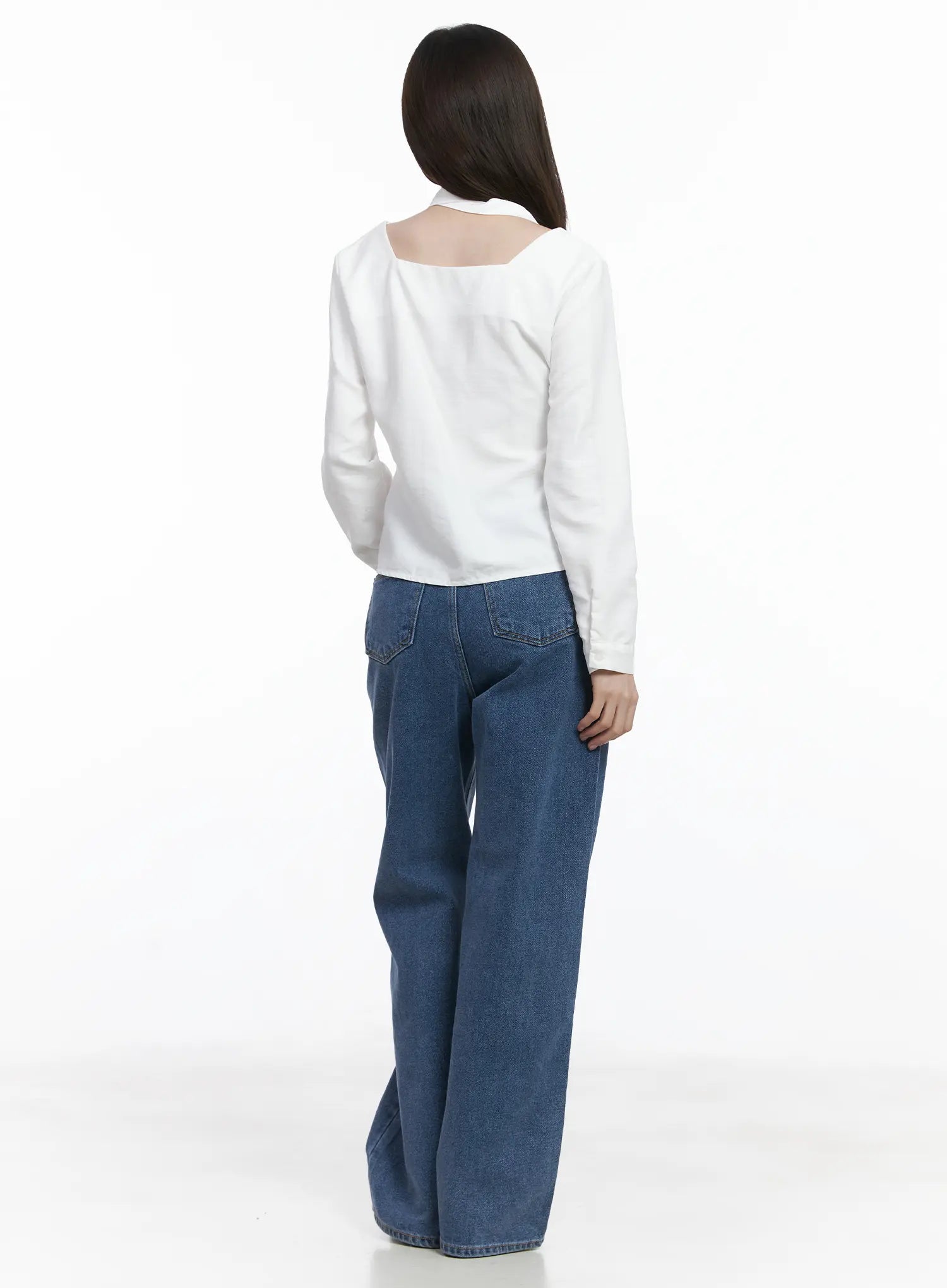 Ashlyn High-Waist Fleece-Lined Wide-Leg Jeans CJ507 in blue, back full-body view on model, showing dual back pockets with contrast stitching and wide-leg drape, styled with white top.