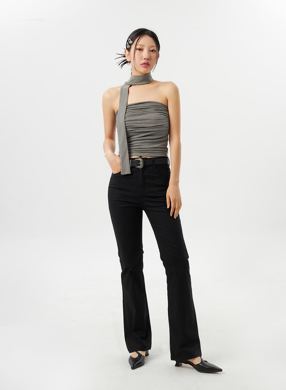 Ruched Tube Top With Scarf CY315