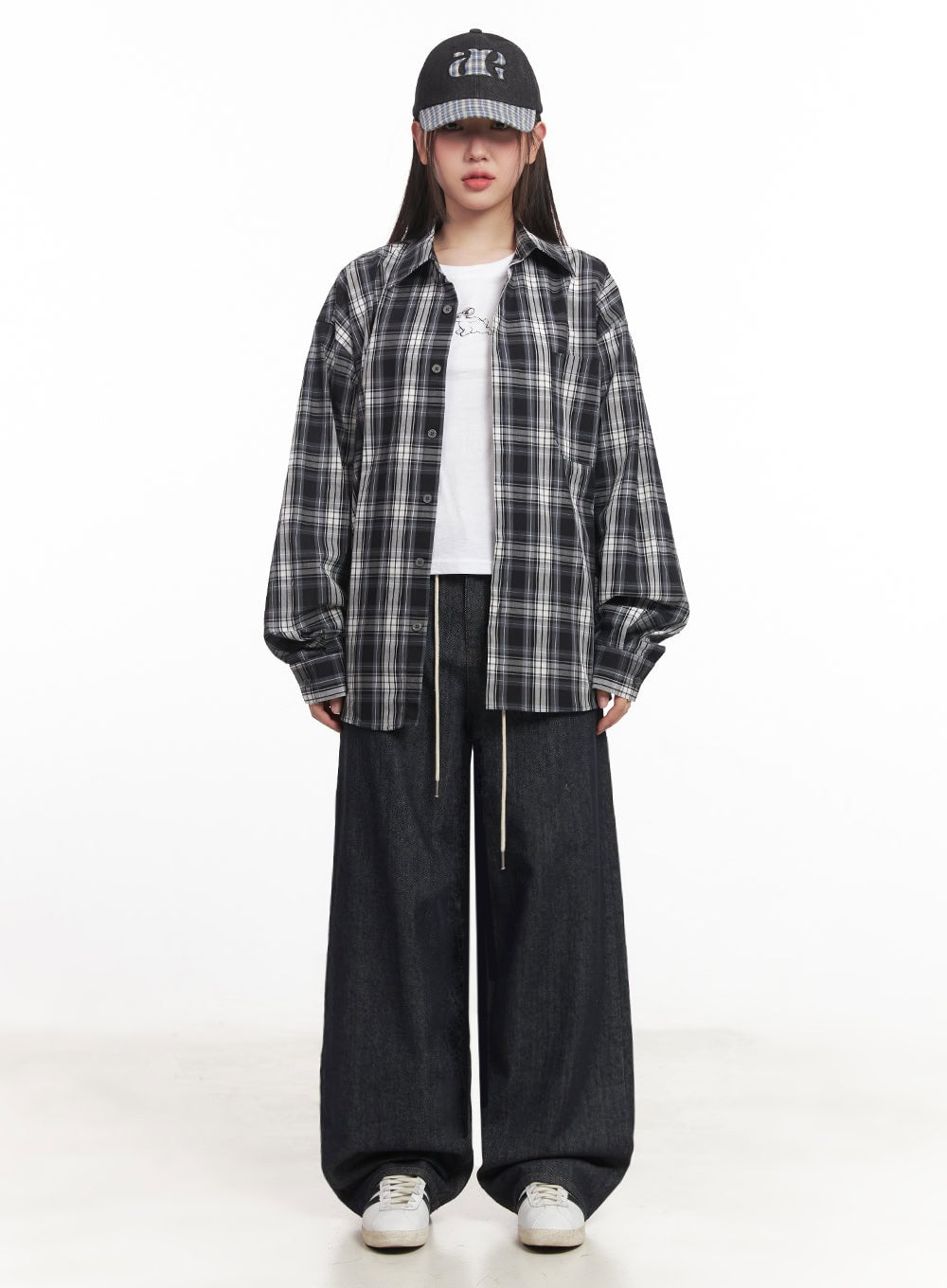 Kirsten String Wide-Leg Summer Denim Jeans IM528 in dark blue, full front view on model, wide-leg silhouette with cream string waist, styled with black plaid overshirt, white tee, and cap.