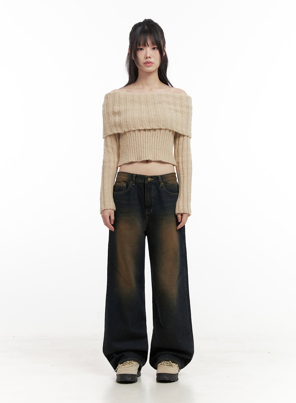 Alexia Washed Denim Wide-Leg Jeans ID402 in dark blue, full-length front on model, wide-fit washed denim with warm amber fade, paired with beige off-shoulder ribbed knit, arms at sides.