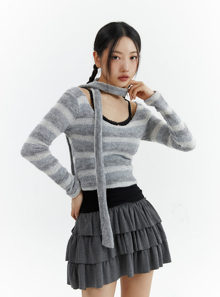 striped-u-neck-crop-top-with-scarf-cj424