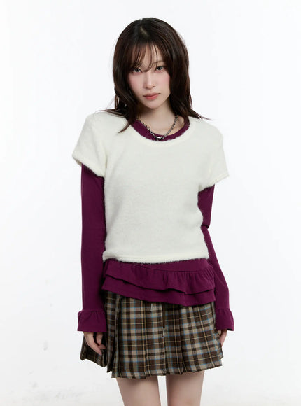 layered-fur-trim-short-sleeve-top-cn525