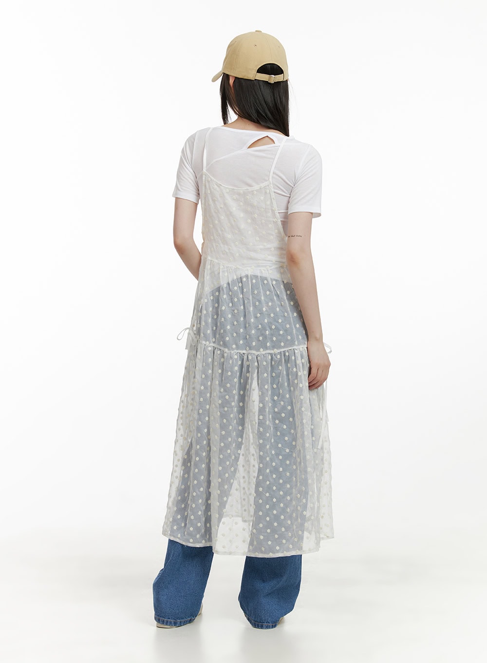 Blue Straight Leg Jeans CY428 in blue, full-body back shot on model, wide-fit washed denim worn under sheer polka-dot midi overlay and white tee, cap and sneakers.