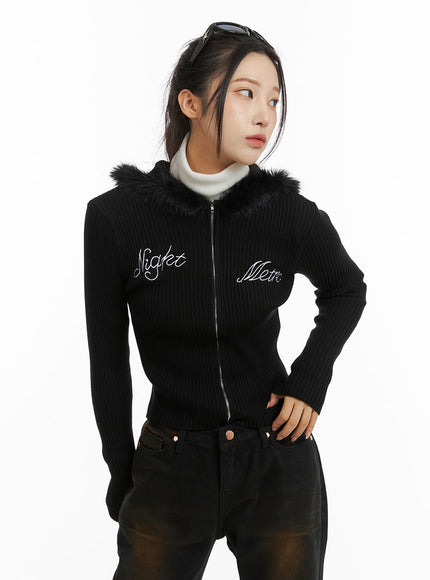 Zip-Up Lettering Hooded Crop Knit Top CD314